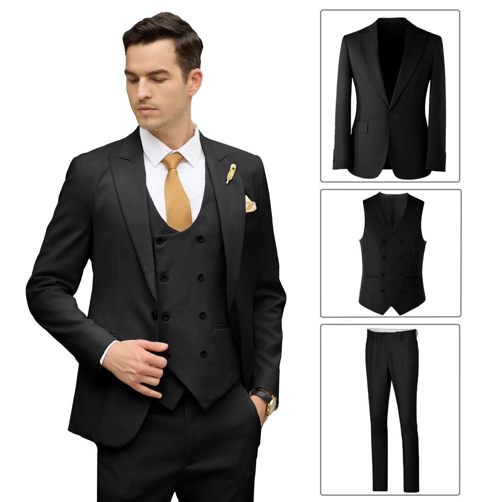 Abito da uomo di vestibilità aderente a 3 pezzi, doppio petto, smoking formale, set casual, matrimonio, ballo, sposo