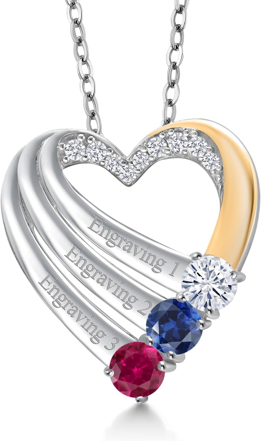 Gem Stone King Customized Personalized Engraved 3-Stone Heart Pendant Necklace For Women | 925 Sterling Silver and 10K Yellow Gold | 4MM Round Gemstone Birthstone and White Lab Grown Diamond