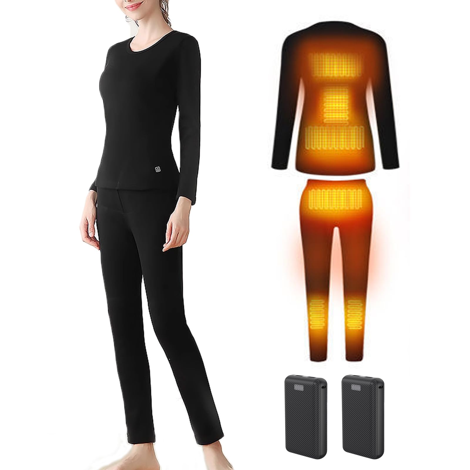 TOVCHEI Heated Thermal Underwear Set with Battery USB Electric Heating Shirt Pants Warm Fleece Base Layer Top & Bottom,Women Black,L
