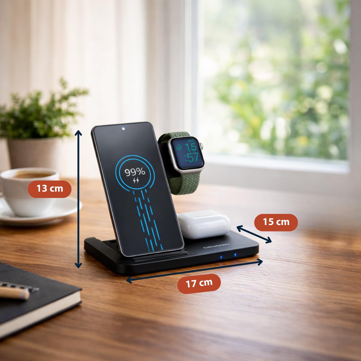 Grundig Caricabatterie wireless 3 in 1 - Stazione di ricarica rapida per smartphone, smartwatch, auricolari - Caricatore wireless per iPhone e Samsung - Wireless Charger - Design pieghevole