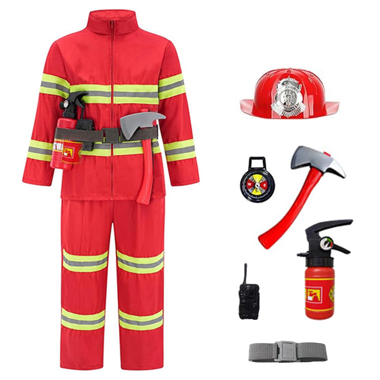 Costume De Pompier Pour Enfant – Déguisement Complet Avec Casque, Hache, Extincteur – Polyester – Halloween Carnaval