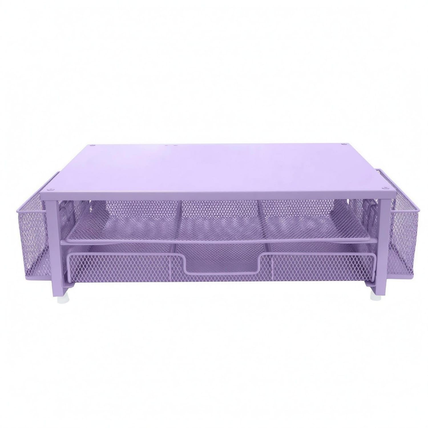 mesh monitor riser with drawer side compartments desktop | monitor riser open-frame desk shelf organizer rectangular, purple, iron