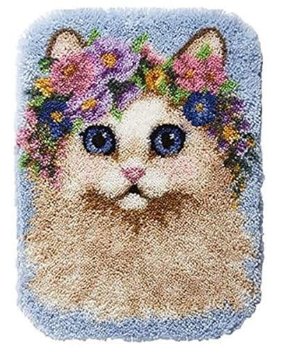 Latch Hook Rug Kits For Adults And Starter Flower Cat Diy Segment Yarn Latch Hook Rug Sofa Seat Cushion Crocheting Kits With Preprinted Pattern Canvas Crochet Yarn Kits 52X38Cm #TOP6