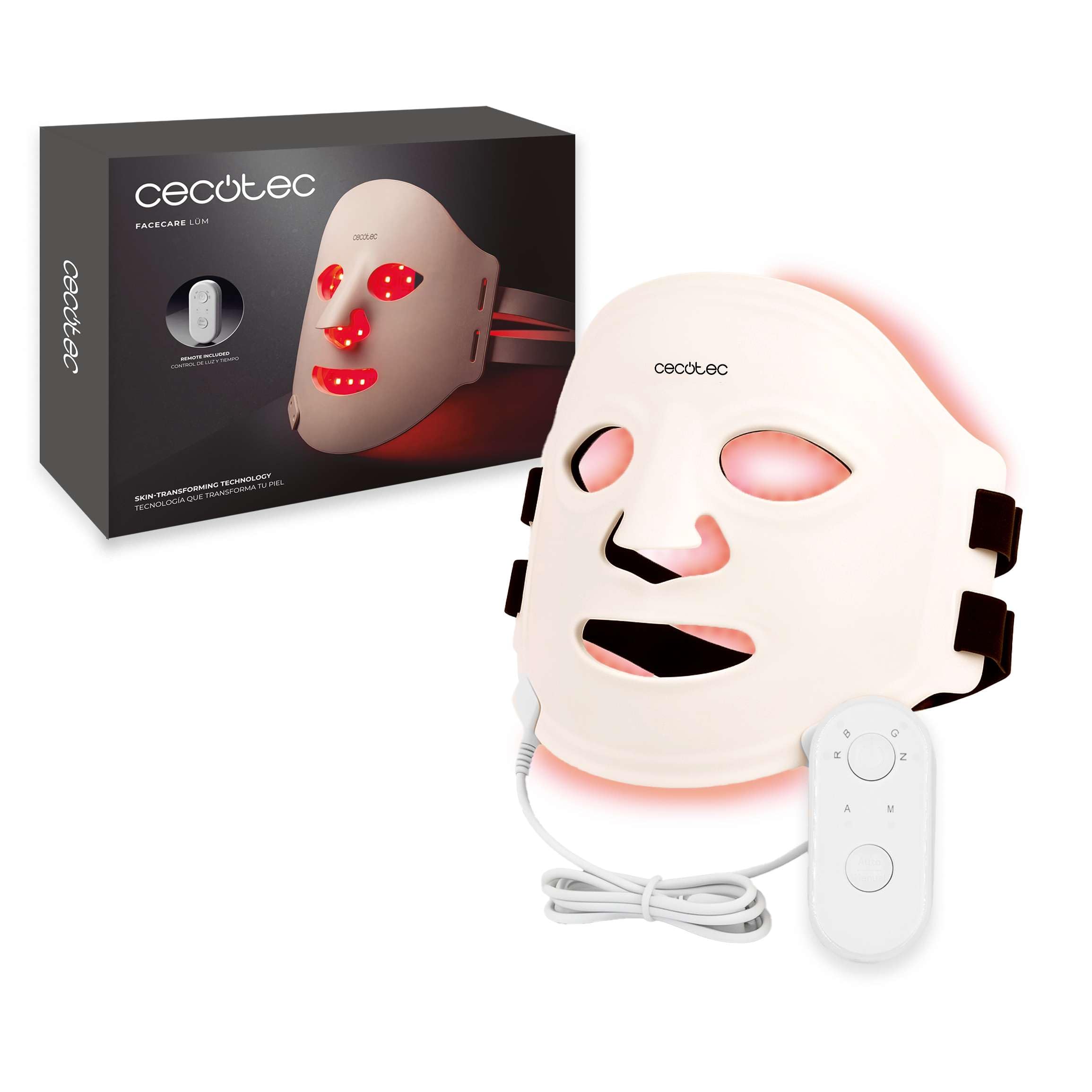 Cecotec Gesichtsmaske FaceCare LÜM, 9 Farben, 90 LEDs, Rotlicht, UV-frei | Fernbedienung, Zeiteinstellung, flexible Passform, Silikonmaske, gleichmäßige Abdeckung und Beauty-Routine