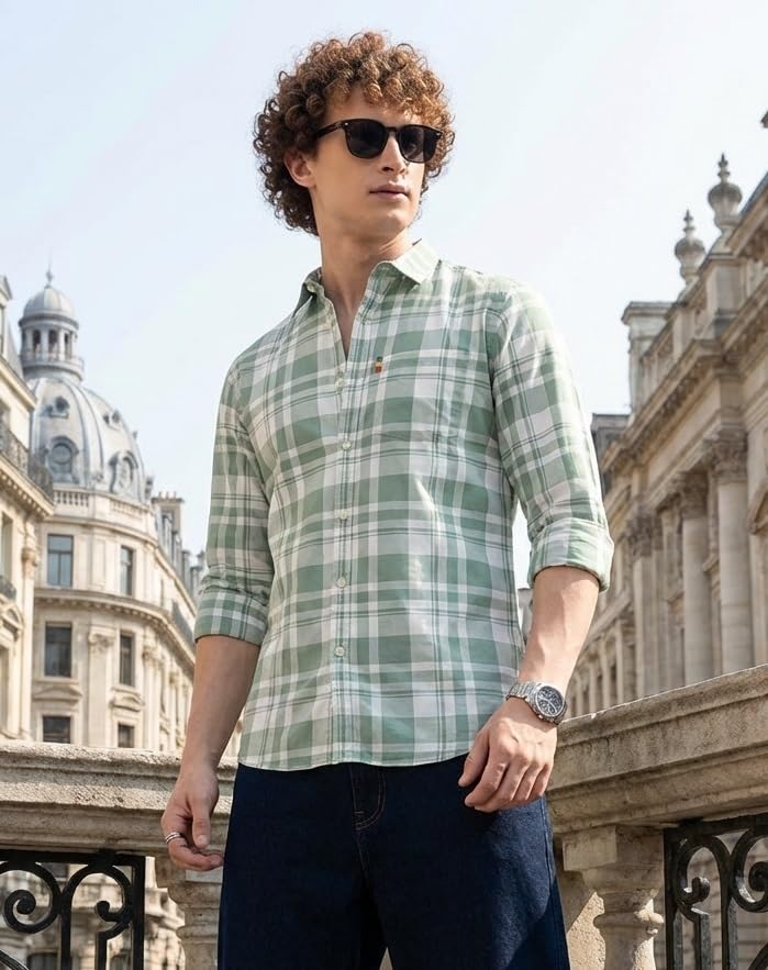Image of IndoPrimo Men's Checked Slim Fit Casual Shirt Premium Cotton Full Sleeve Plaid Shirt with Chest Pocket Stylish Summer & Office Wear