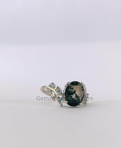 Miniatura 2 de Natural Moss Agate Ring Oval Cut Leaf Ring Engagement Ring Moss Agate Jewelry 925 Sterling Silver Nature Inspired Ring (Black, 3)