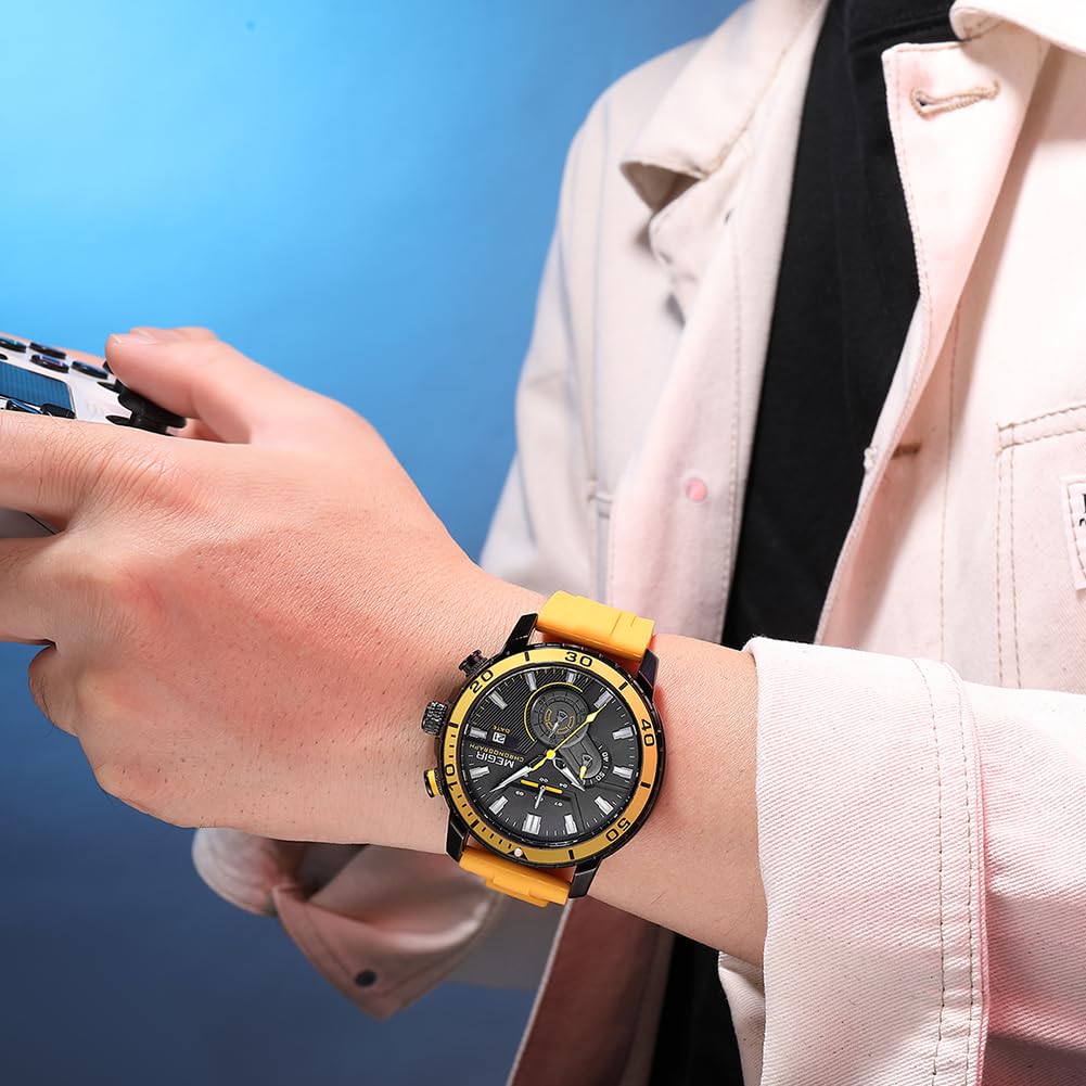 MEGIR Reloj deportivo analógico de cuarzo para hombre, cronógrafo, militar, luminoso, correa de silicona 2224G, Amarillo