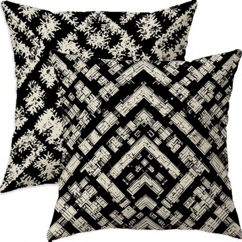 Coussin décoratif géométrique noir 70x70 cm antitache en lin - 2