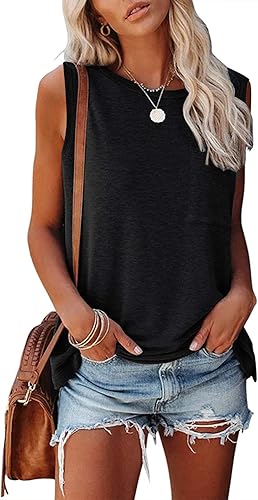 MIROL Camiseta sin mangas para mujer, básica, suelta, estilo túnica, manga murciélago, color sólido, casual, con bolsillo