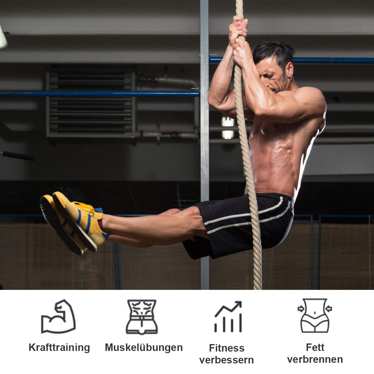 COSTWAY Gym Kletterseil, Übungsseil mit Gummigriffen, Sportseil aus Juteseil, Trainingsseil für Kraft- und Fitnesstraining, Ganzkörpertraining