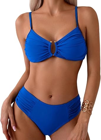 Tainehs Two Piece Swimsuits for Women Bikini Sets Ruched V Neck Mid Rise Back Hook Bathing Suit