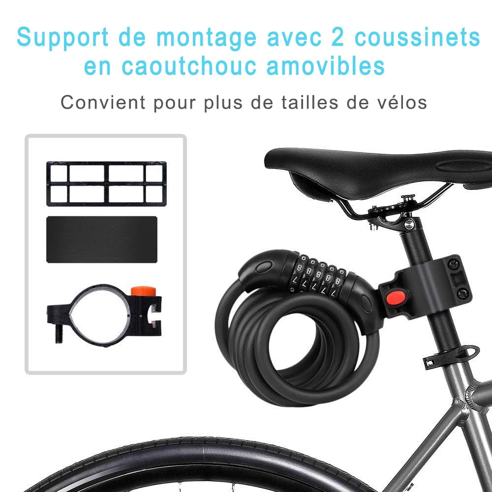 REHKITTZ Antivol Velo, 120 cm/12 mm, Niveau de Sécurité Très Élevé, avec Code Numérique à 5 Chiffres, Support de Vélo, Antivol pour Vélo, Tricycle, Scooter, Vélo