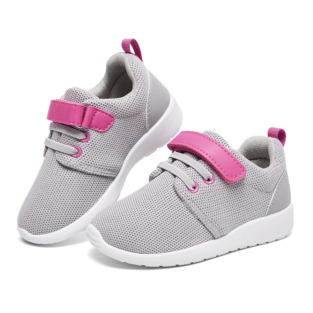 HIITAVE Girls Sneakers Size 1 Tennis Walking Athletic Running Training Shoes for Girls Kids, Light Gray/Fushia 1 M US Little Kid