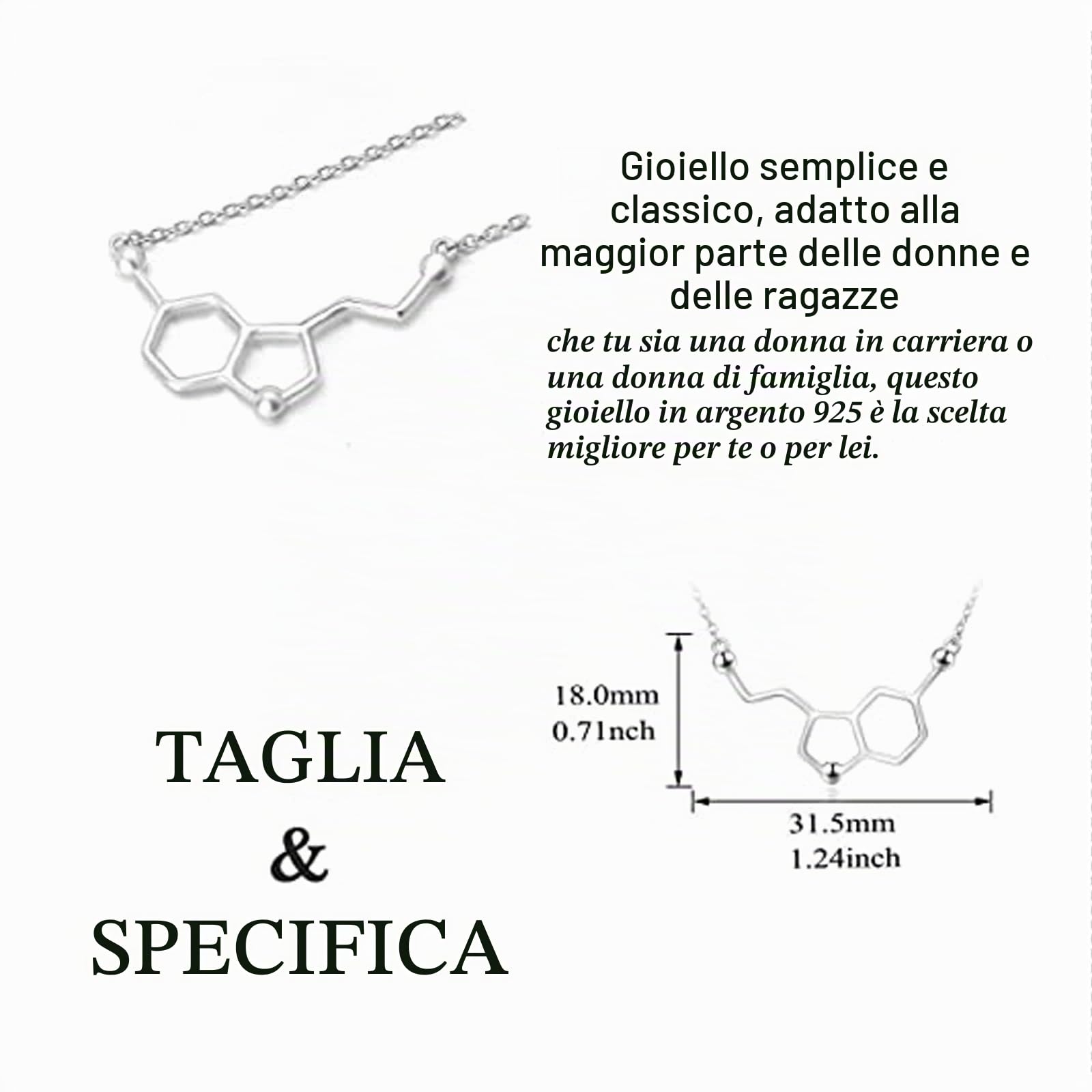 Collana in Argento Sterling 925 con Serotonina Bianca Placcato Oro, Felicità Neurotrasmettitore Chimica Organica per Gli Amanti Degli Amanti Della Scienza