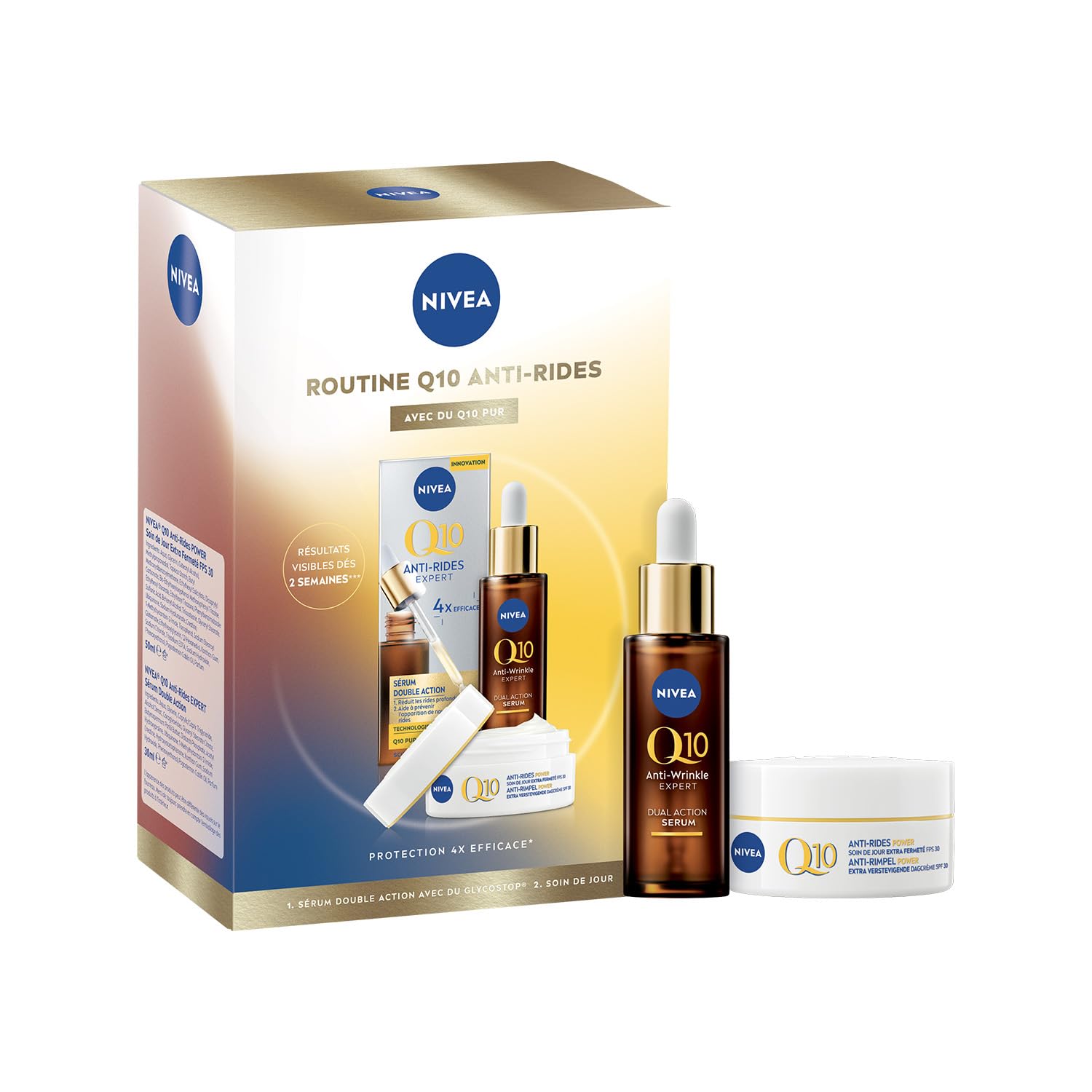 NIVEA - Coffret Soin Visage Anti-Âge Q10 Anti-Rides - Sérum Double Action Anti-Rides (30 ml) + Soin de Jour Anti-Rides & Fermeté (50 ml) - Q10 Pur, Créatine & Glycostop - Tous Types de Peaux
