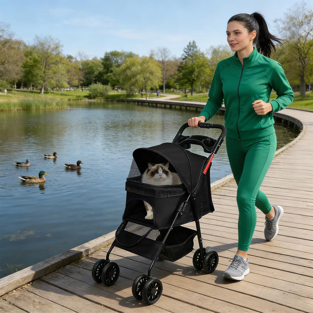OHMG 3 en 1 Poussette buggy pliable animaux chariot pliante chien chat porte-gobelet panier de rangement inclus roues avec frein tissu 600D Oxford acier,Jusqu'à 40 kg,98 * 67 * 46cm-Noir