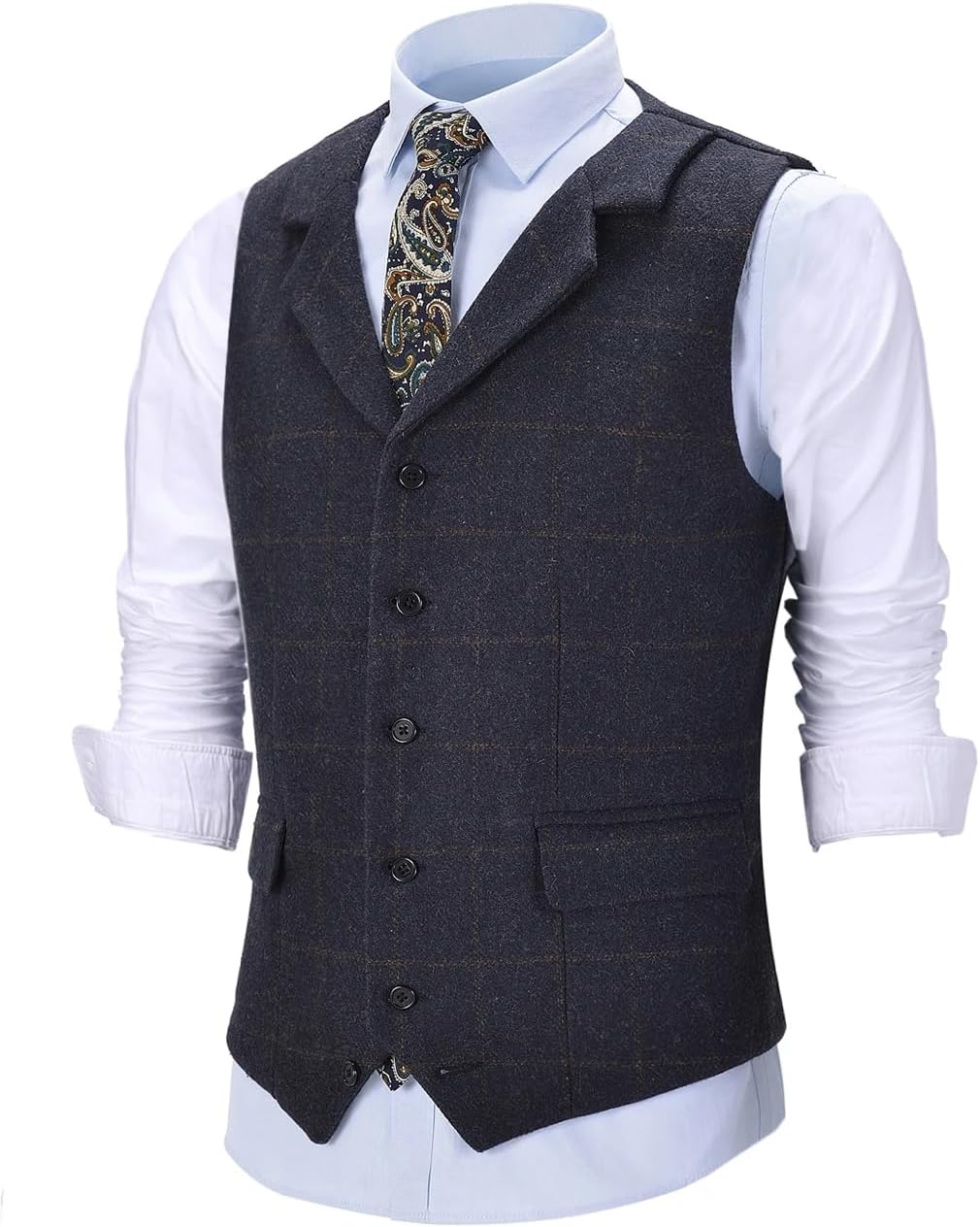 Men's Four Seasons Retro Plaid Wool Suit Vest Lapel Business Wedding Groomsman Vest