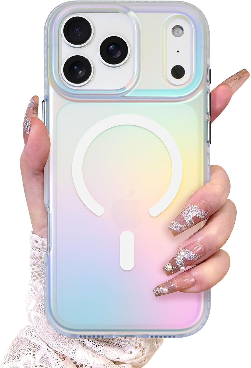 AIGOMARA Magnetic Case for iPhone 17 Pro Max [Compatible with Magsafe] [Fluorescent Holographic Iridescent] Slim Shockproof Matte Back Protective Phone Cover for Women Girls 6.9 Inch