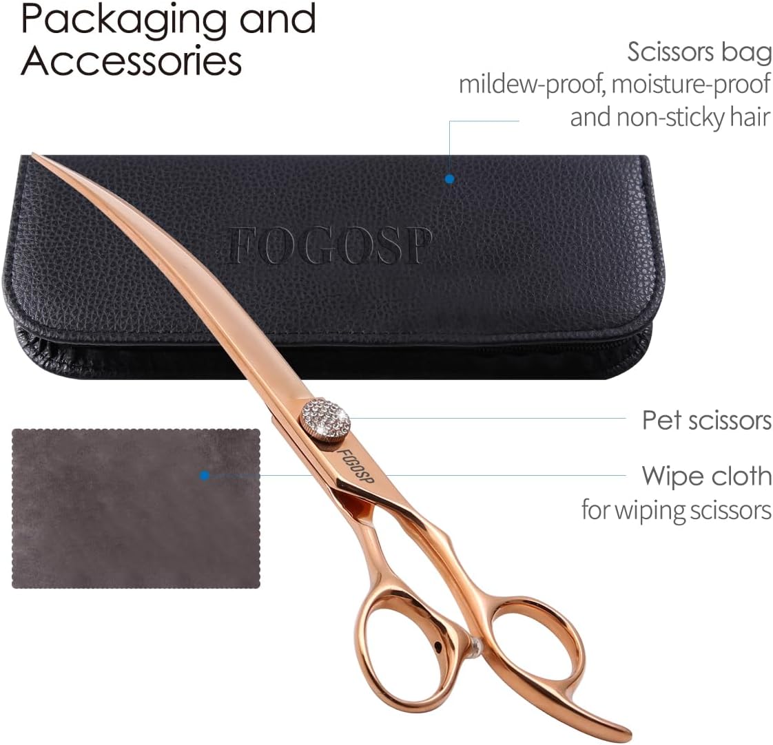 Rose Gold Titanium Curved Dog Grooming Scissors 8'' Downward 30° with Jewelled Screw Japan 440C Professional Pet Grooming Trimming Shears for Large Dogs Poodle(8,Curved)