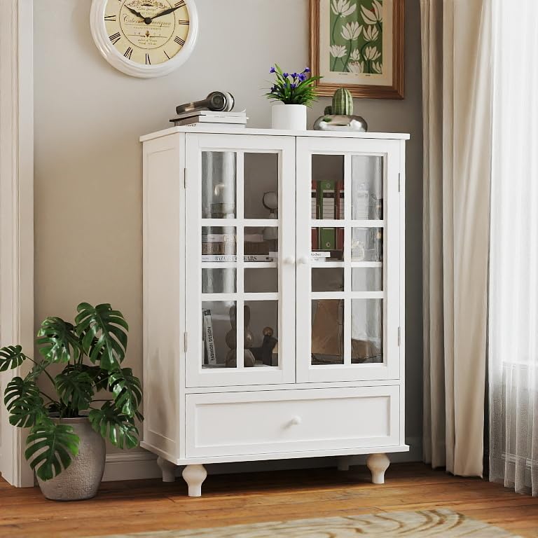 Star20XX Minimalist White Buffet Cabinet with Double Glass Doors and Drawer, Modern Wooden Storage Sideboard Cupboard for Living Room, Dining Room Hallway Entryway (Minimalist, White)