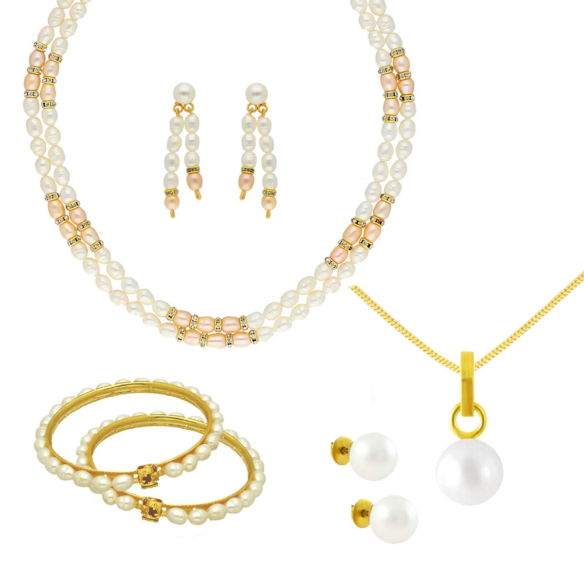 Sri Jagdamba Pearls Dealer White Pearl Gold Plated Combo Set for Women | AA Freshwater Pearls 4-6MM | Combo of Dual Line Pearl Necklace, Pendant Chain, Pearl Bnagles, Earrings | Perfect For Gifting (B07TKVQ1LM) Amazon Price History, Amazon Price Tracker