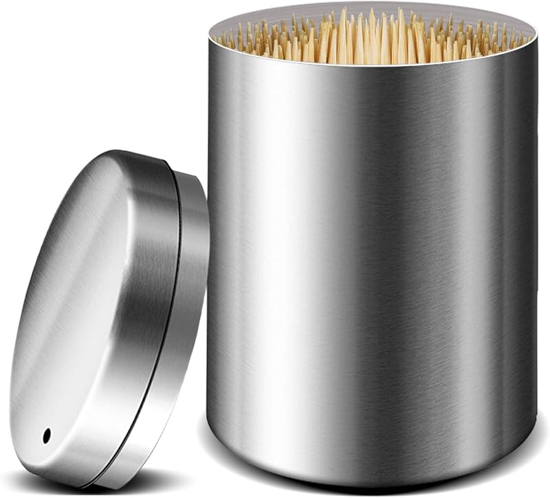 Dispensador de soporte para palillos de dientes de metal de acero inoxidable, contenedor de lote de palillos de dientes espesantes con 500 piezas de palillos de dientes redondos de bambú para dientes y aperitivos