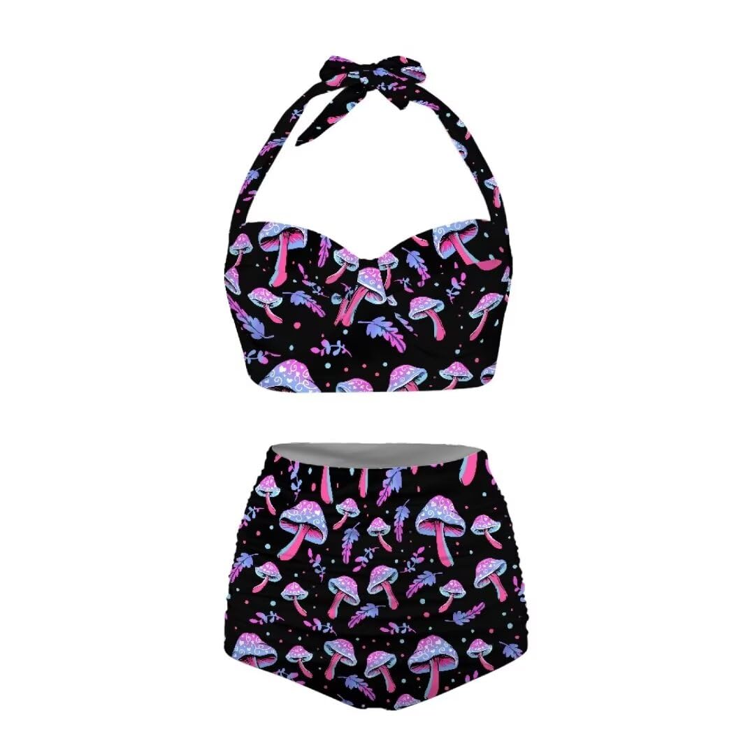 Youngerbaby Purple Mushroom Bikini Sets for Women High Waisted 2 Piece Leaves Print Bathing Suit Halter Swimwear Sexy Soft Comfy Plus Size XL