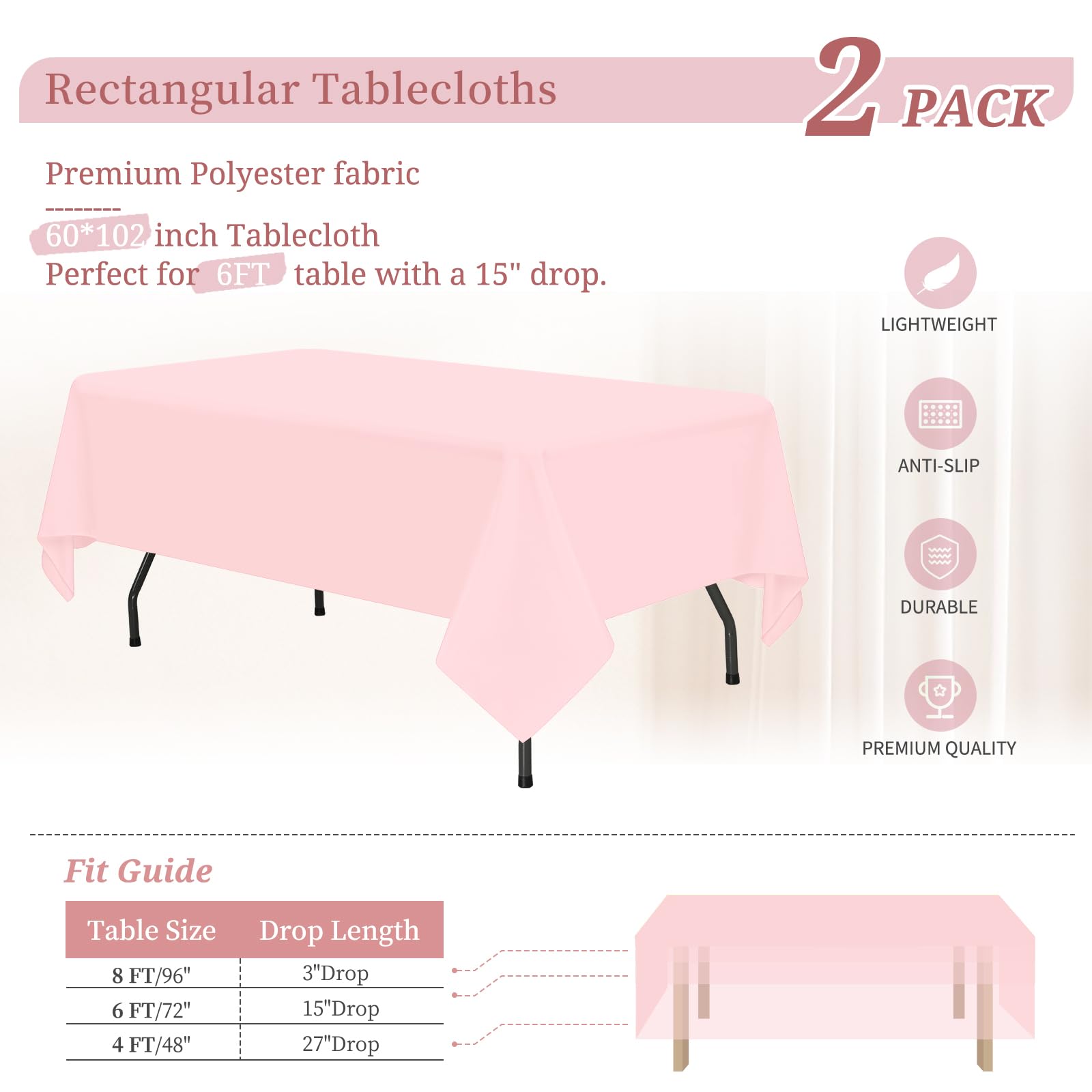 Teruntrue 2 Packs Pink Tablecloths Rectangle 153 x 260 cm, Waterproof Polyester Pink Table Covers for 6ft Table - Image 2