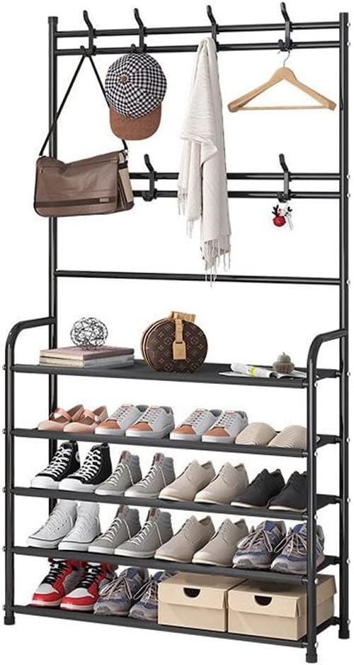 LITFAD Modern 4 Tier Shoe Rack with Coat Rack Entryway Standing Metal Coat Hat Rack,Stand Organizer for Living Room, Bedroom，23.5" L x 10.5" W x 60" H,Gold