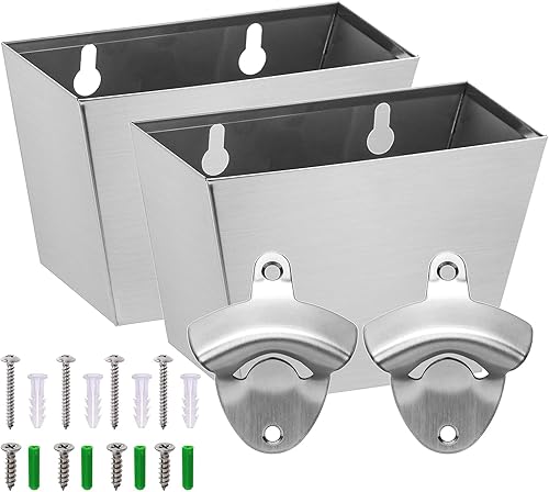 Miniatura 6 de Abrebotellas de cerveza de acero inoxidable Abrebotellas de cerveza montado en la pared con tapa Catcher plateado cepillado