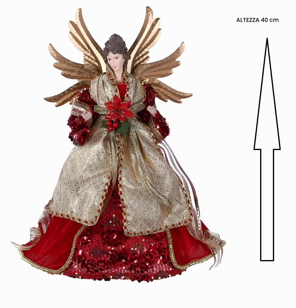 Angelo con ali h 40 rosso e oro puntale per albero di natale decorazione casa vestito Elegante Pelliccia e Ricami complemento d'arredo idea regalo