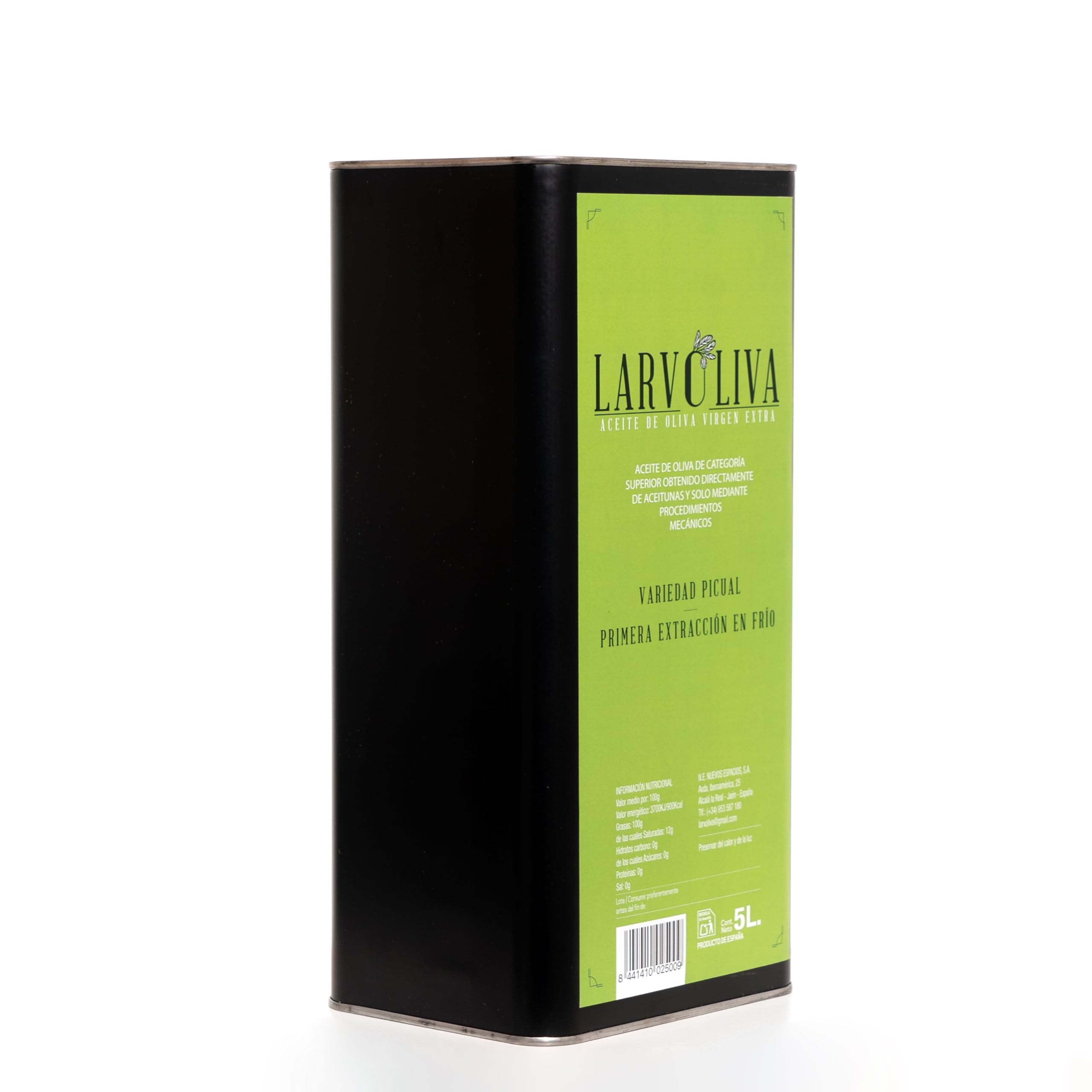 Larvoliva Aceite de Oliva Virgen Extra, Variedad Picual, Primera Extracción en Frío, Origen Jaén, Lata 5 Litros