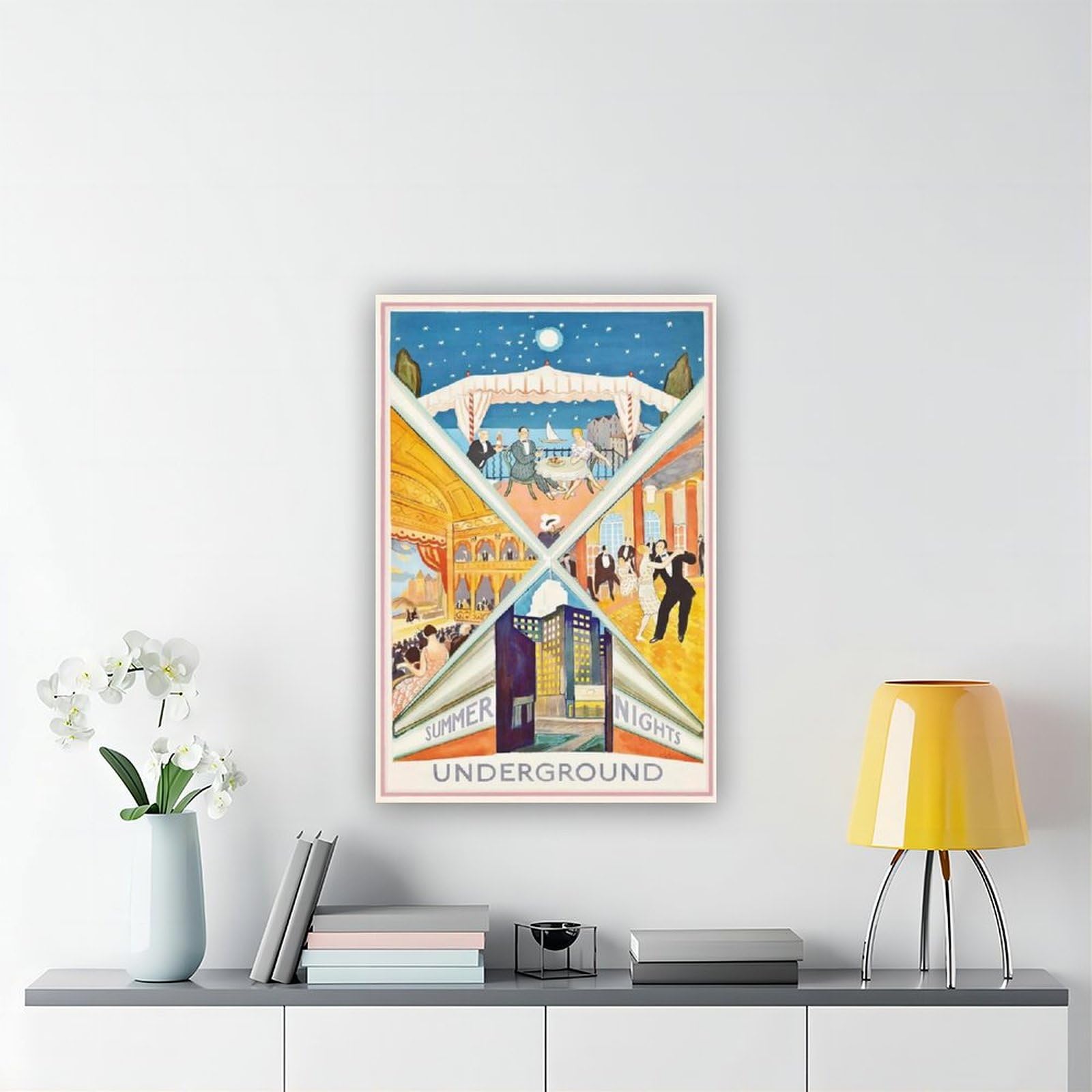 QOGDAF Poster su tela con stampa di Londra Underground Summer Nights, decorazione per camera da letto, ufficio, camera da letto, regalo, 60 x 90 cm