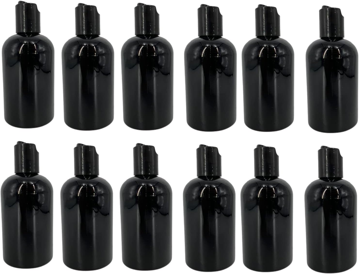 Natural Farms 4 oz Black Boston Plastic Bottles -12 Pack Empty Bottle Refillable - BPA Free - Essential Oils - Aromatherapy | Black Press Down Disc Cap - Made in the USA