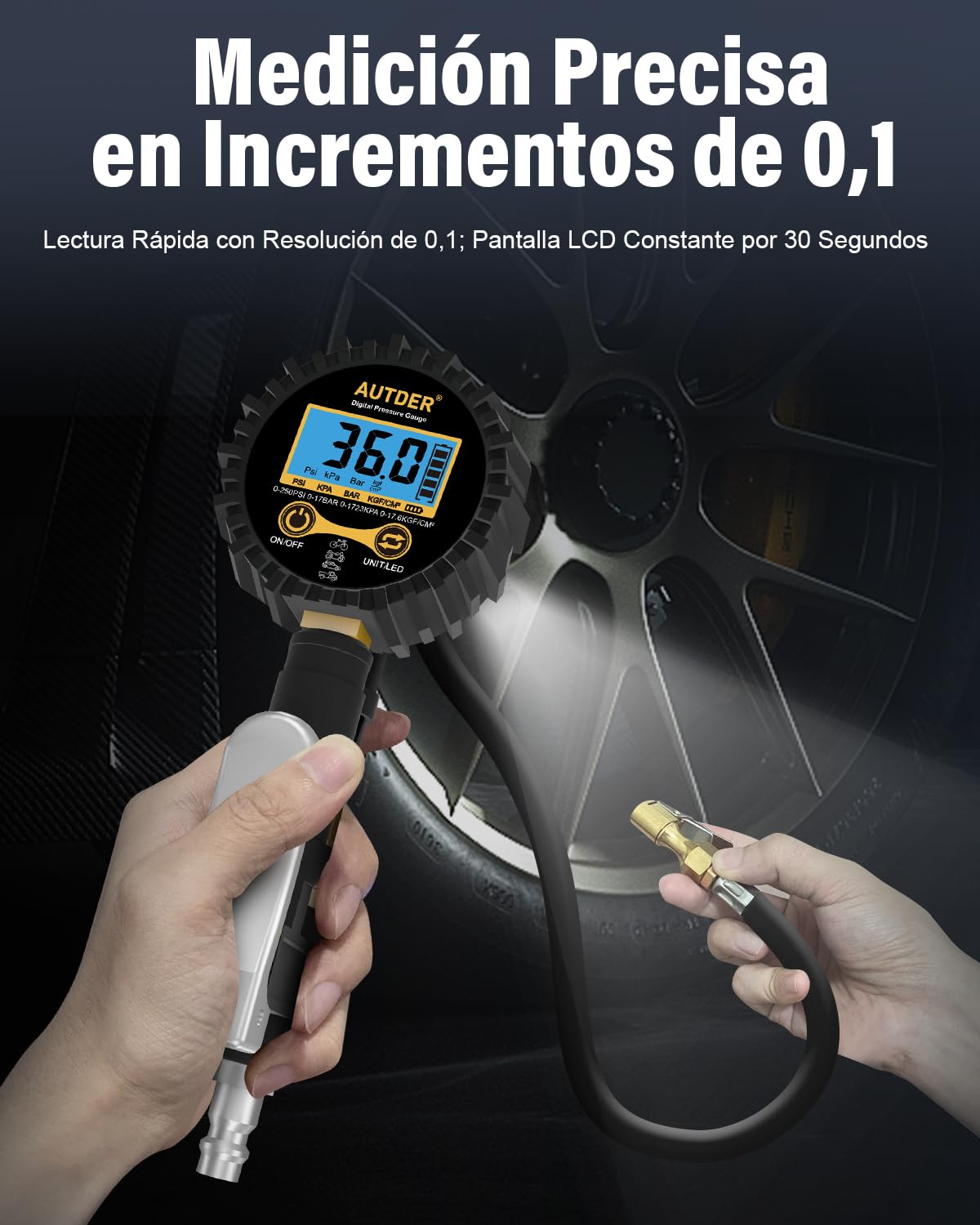 AUTDER Medidor de Presión de Neumáticos Digital con Pantalla LCD, 250 PSI, Inflador 3-en-1, Manguera de Goma Resistente y Acople Rápido – Para Coches, Camiones, Motocicletas, Bicicletas, Amarillo