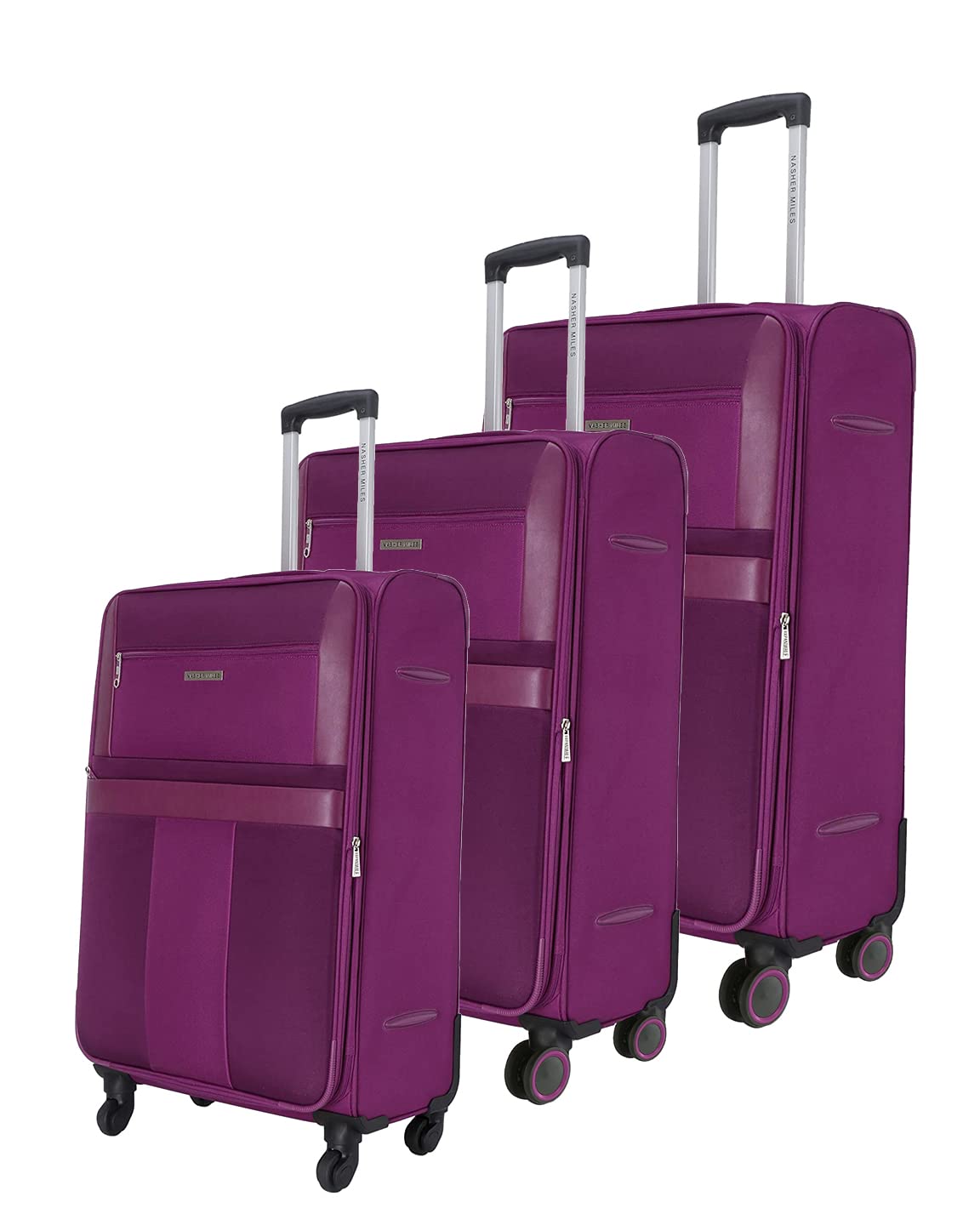 Nasher Miles Toledo Expander Soft-Sided Polyester Luggage Set of 3 Purple Trolley Bags (55, 65 & 75)
