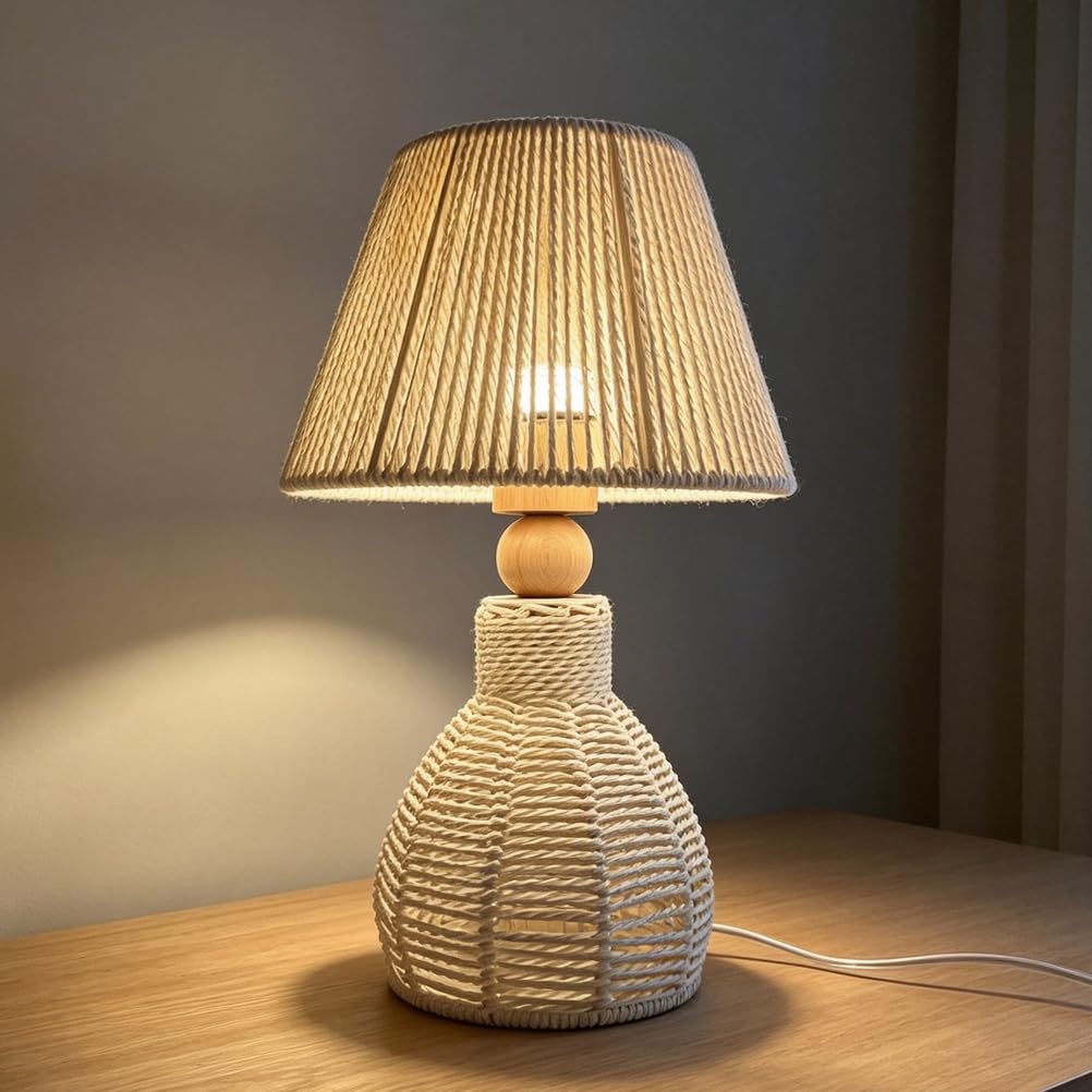 Lampada da tavolo vintage con corda di canapa e cavo attacco E27 lampada da tavolo in stile boho in rattan intrecciato a mano lampada da comodino con spina e interruttore lampada da camera da letto