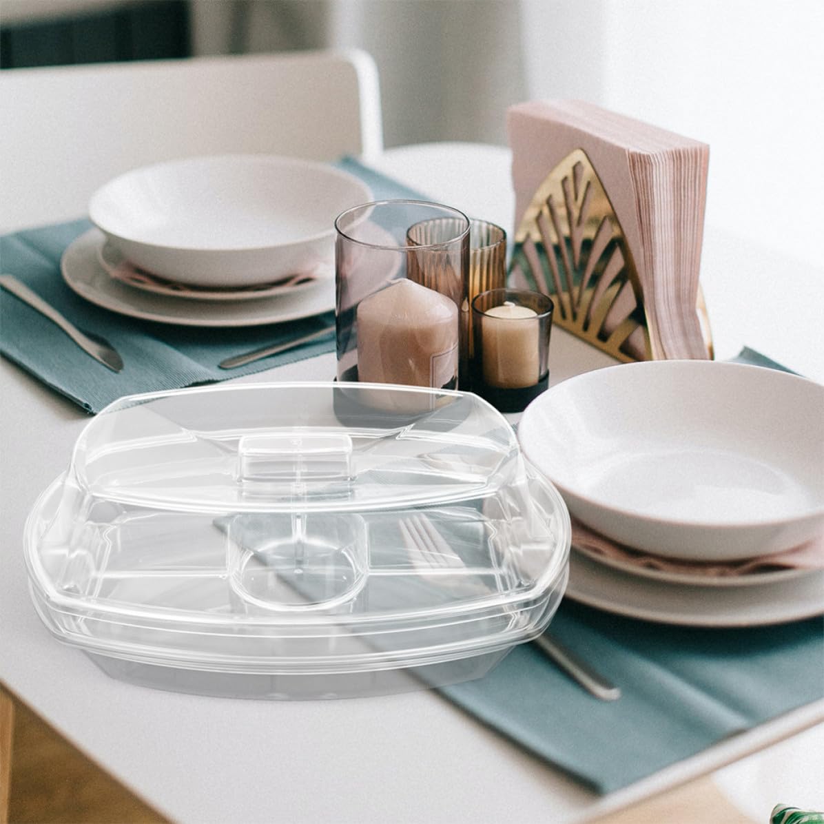 Plateau de Service Réfrigéré en Plastique avec Couvercle et 4 Compartiments, Facile à Nettoyer, pour Fruits et Snacks Lors de Toutes Occasions