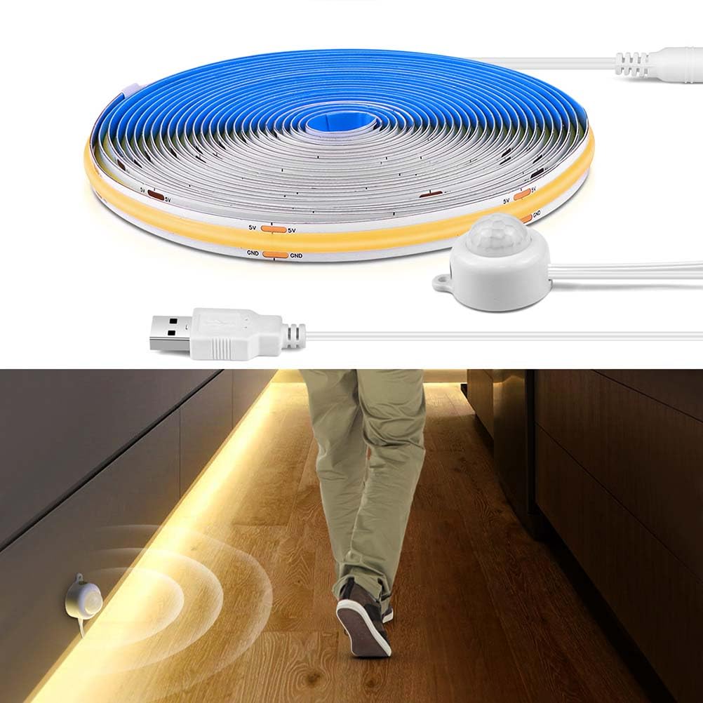 AoLa Taśma LED COB z czujnikiem ruchu, 5V 320 diod LED/m z wtyczką USB zasilacz samoprzylepna możliwość cięcia oświetlenie wewnętrzne aktywowane ruchem do szaf schodów korytarza,Warm light,4M