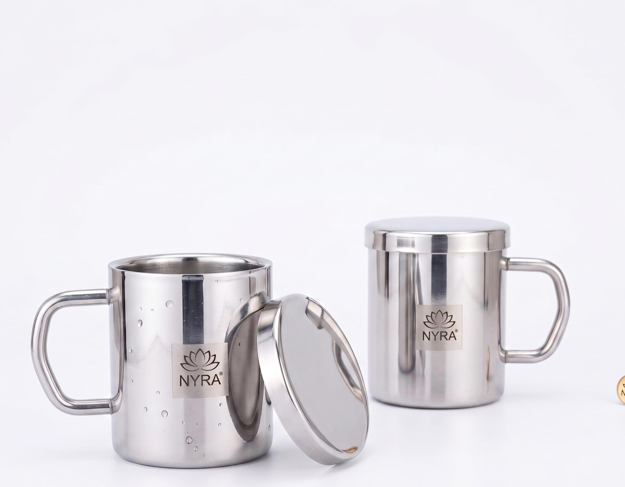 NYRA® Stainless Steel Double Walled Insulated Cup – 300 ML | Coffee and Tea Mug with Lid and Handle | Hotel | Home | Restaurant | Multipurpose Mug (Set of 2 Pcs)