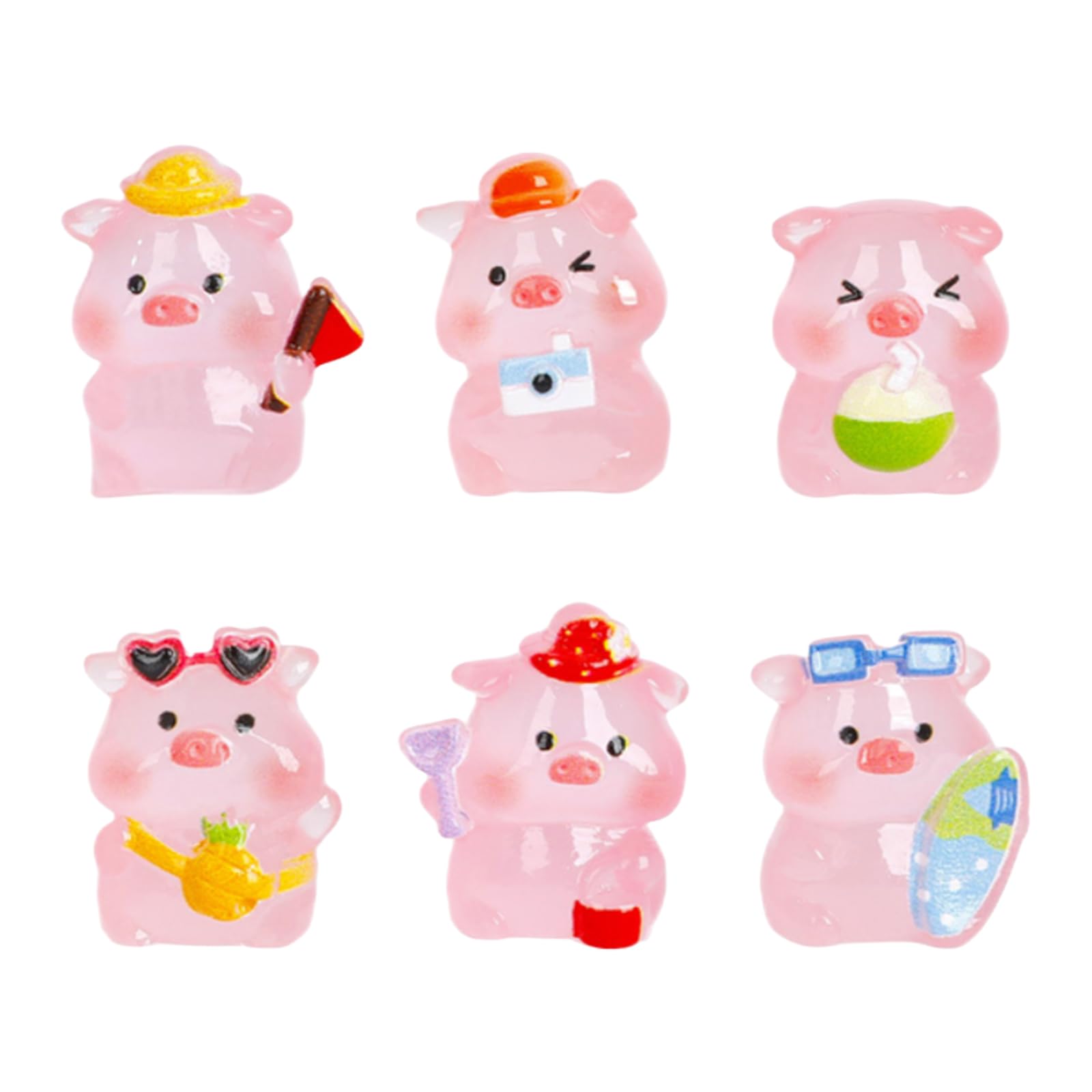 PLUSHCEWT 6 Pcs Mini Resin Animals Glow in The Dark,Miniverse Animal Pink Lucky Pig Figurines,Tiny Resin Animals for Fairy Garden,Home Desk Decor,DIY Miniature Crafts & Party Favors