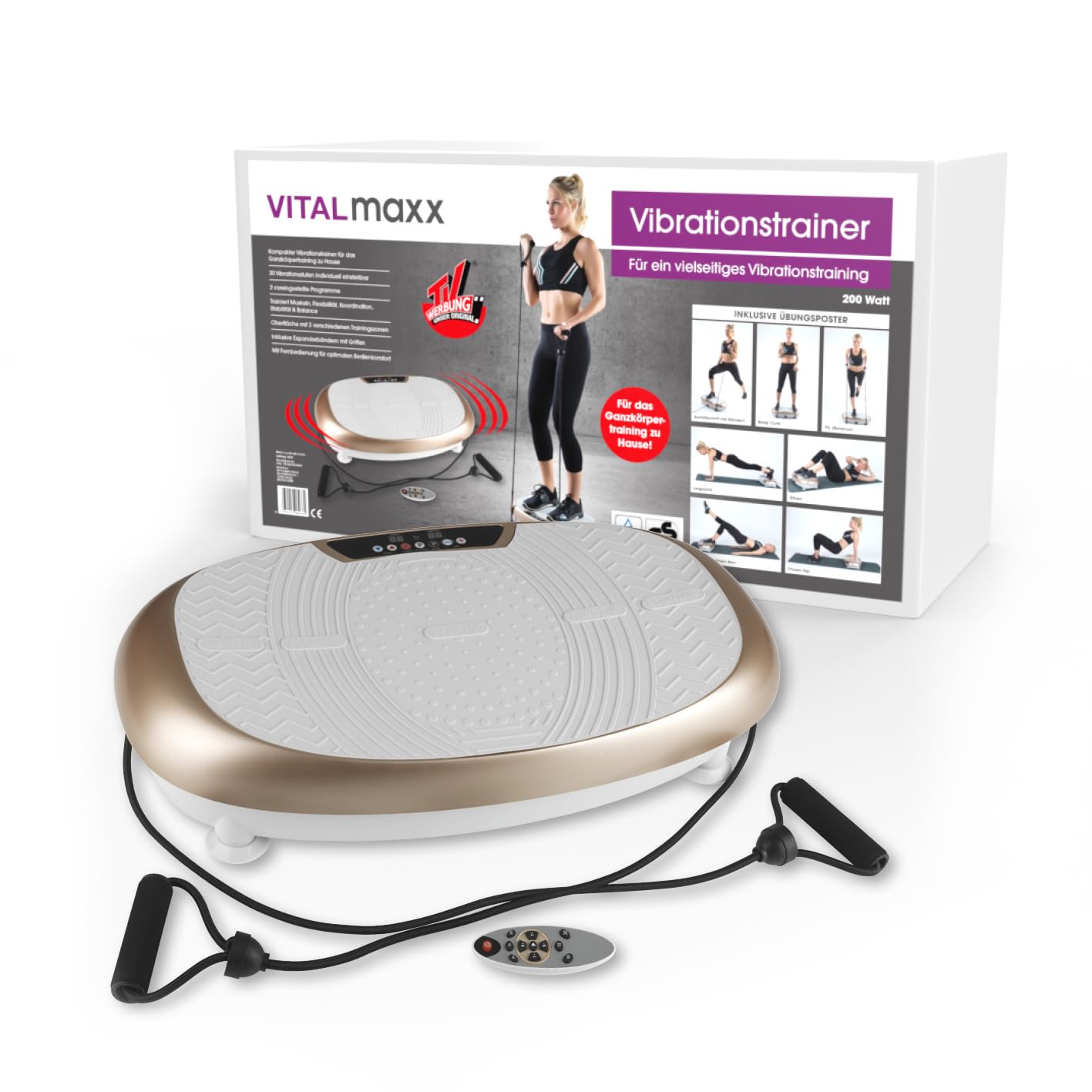 VITALmaxx Vibrationstrainer mit 30 Vibrationsstufen und 3 Programmen und LCD-Display | Ganzkörpertraining zu Hause, inklusive Expanderbänder und Fernbedienung [Champagner]