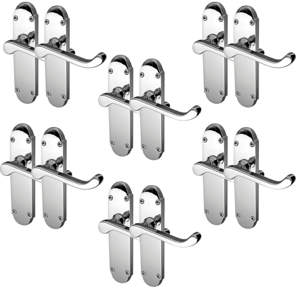 Epsom Door Handle Polished Chrome Scroll Door Handle Sets – 6 Pack Victorian Lever Handles with 170mm x 42mm Backplate | Internal and External Door Handle Set for Home Office and DIY Projects