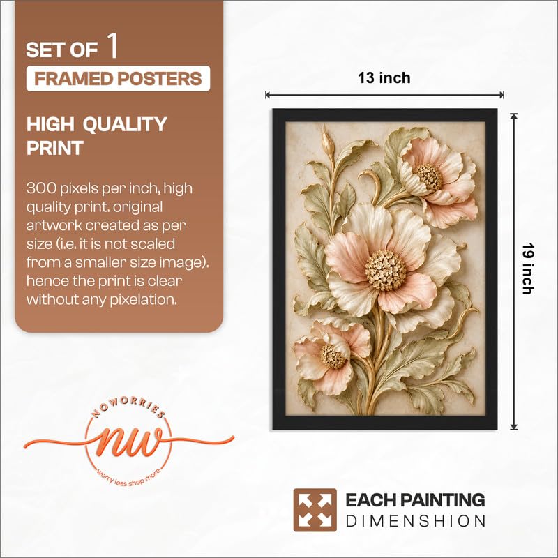 Image of NoWorries Floral Botanical Wall Painting with Frame | Premium Textured Flower & Leaf Artwork, Pastel Nature Wall Decor Framed for Living Room Bedroom Office and Home Decoration (Art-17,13x19inch)