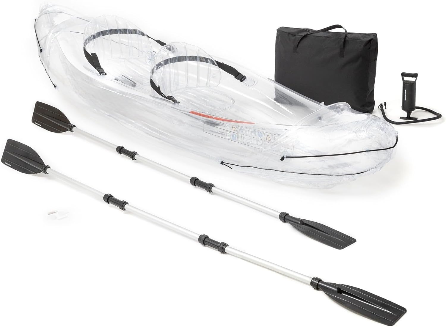 Canoé Kayak Gonflable Transparent 2 Places 2 poignées de Transport avec Accessoires : Gonfleur Manuel + 2 rames + 2 sièges gonflables + Sac de Transport + kit de réparation.