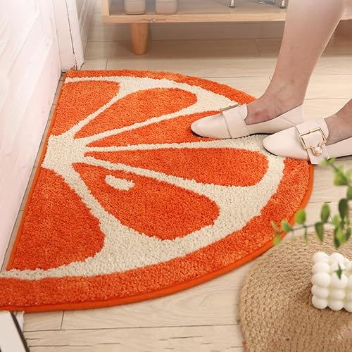 Tapete de baño de microfibra de medio círculo, tapete pequeño y absorbente, antideslizante, suave, para baño y bañera (color naranja, 32 x 20