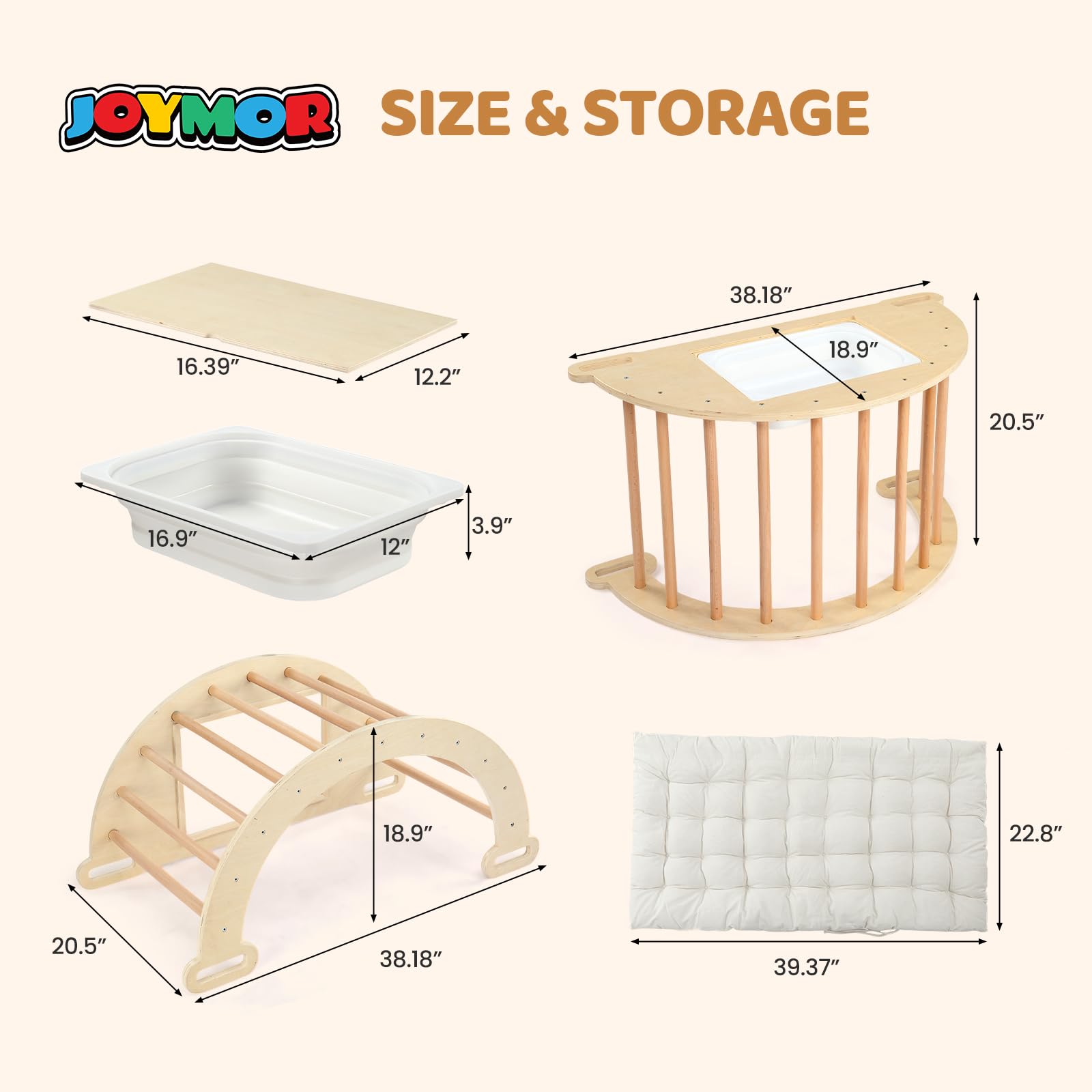 JOYMOR 5-in-1 Pikler Triangle Climber Arch Rocker with Cushion Sensory Table Set for Kids, Montessori Wooden Climbing Toys for Toddlers Inside with Collapsible Storage Basin & Blackboard