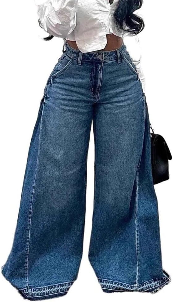Women's Y2K High Waisted Frayed Wide Leg Oversized Flared Floor Length Jean Trousers