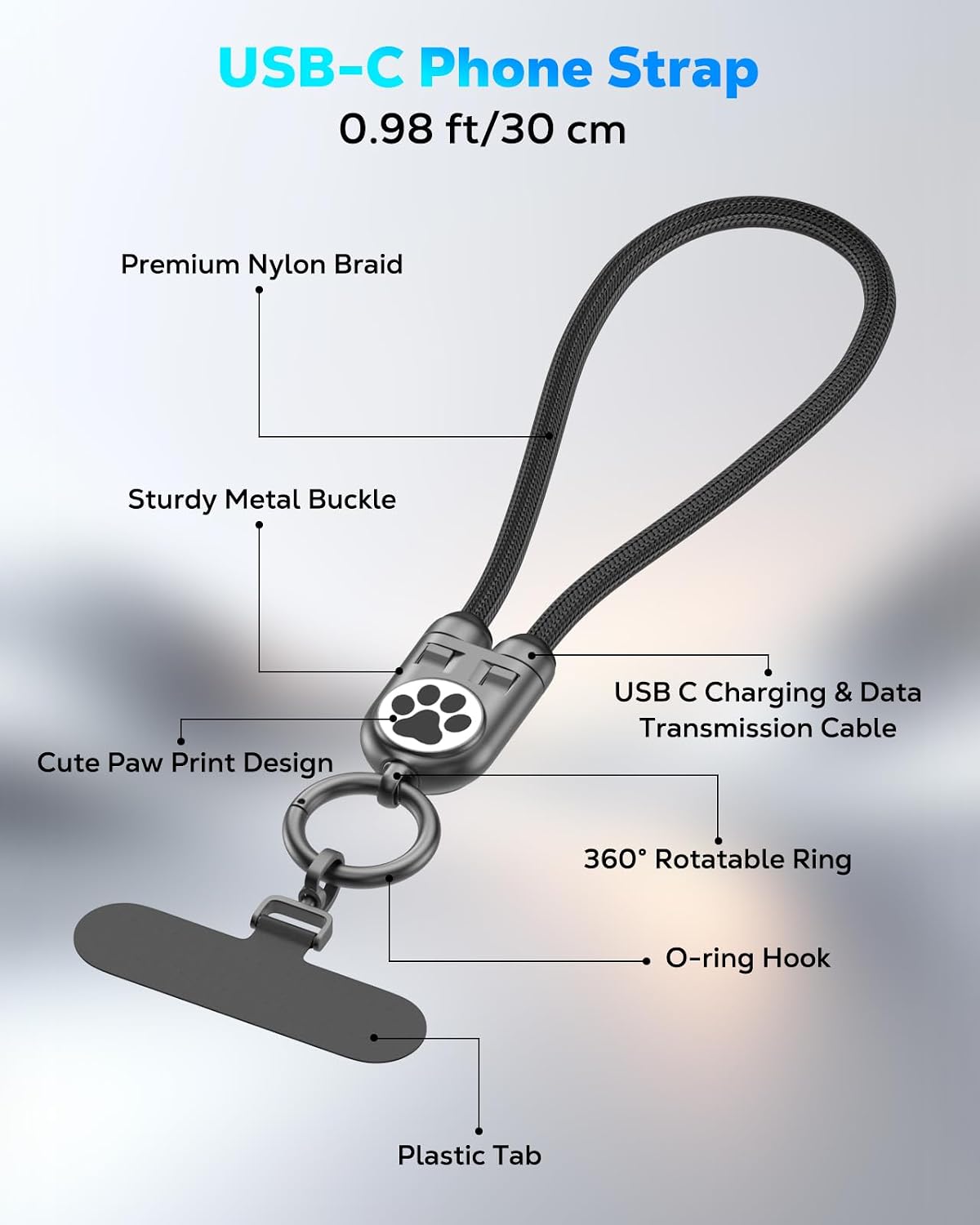 MoKo Phone Wrist Strap Charging Cable, USB-C to USB-C Cable with 240W Fast Charging, 0.98FT Anti Theft Phone Lanyard for iPhone/Samsung/Android, Daily & Outdoor Activities, Cute Paw Print, Black image 5