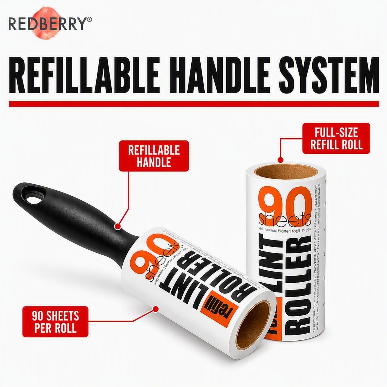 Redberry Fusselroller-Nachfüll-Set, 24 x 90 Blatt Rollen, 324 m, 2160 Blatt insgesamt, entfernt Fusseln, Tierhaare und Staub, Weiß
